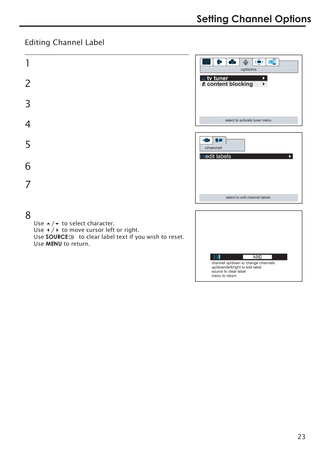 Primate Systems PDP TV manual Setting Channel Options, Editing Channel Label 