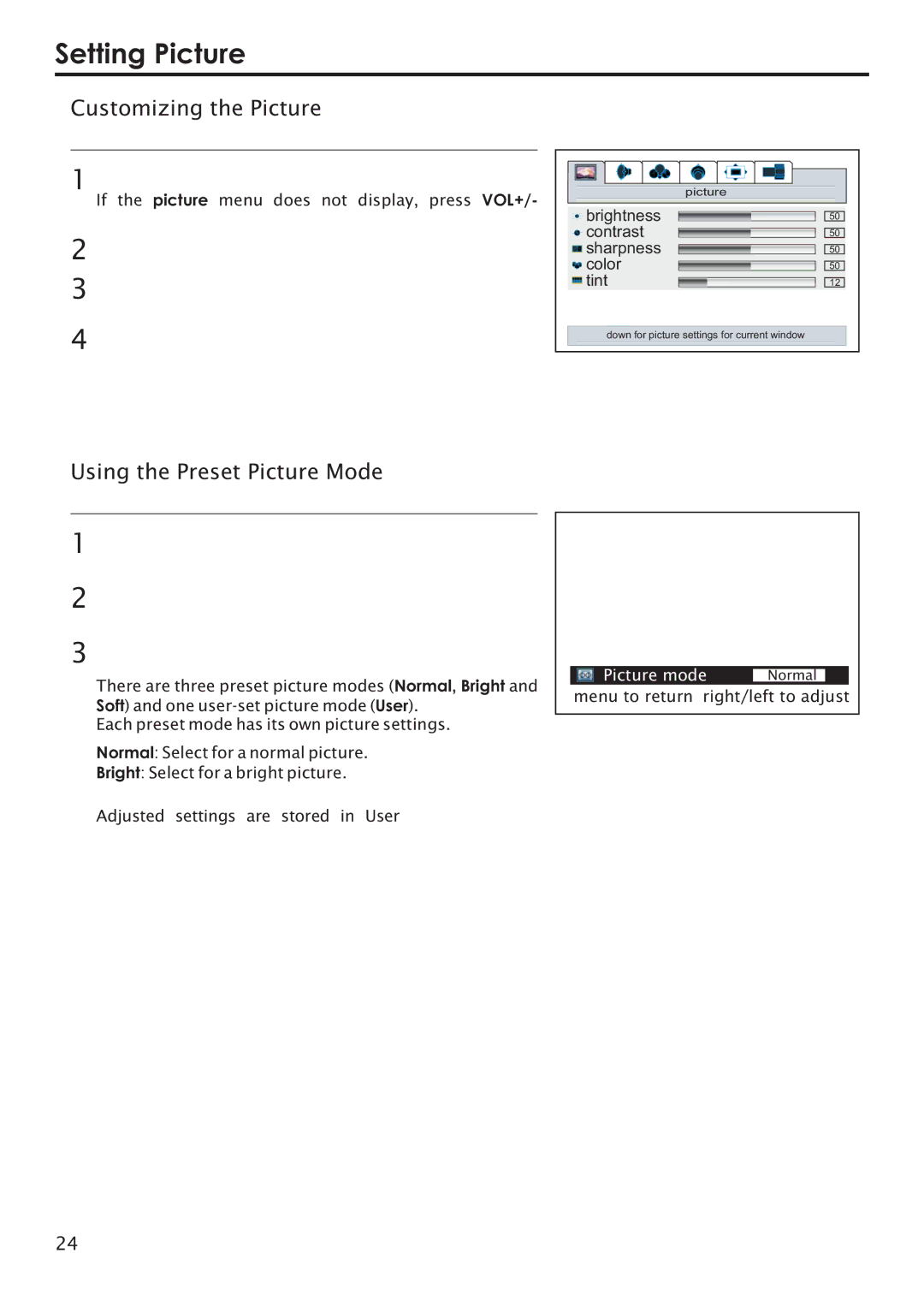 Primate Systems PDP TV manual Setting Picture, Customizing the Picture, Using the Preset Picture Mode 