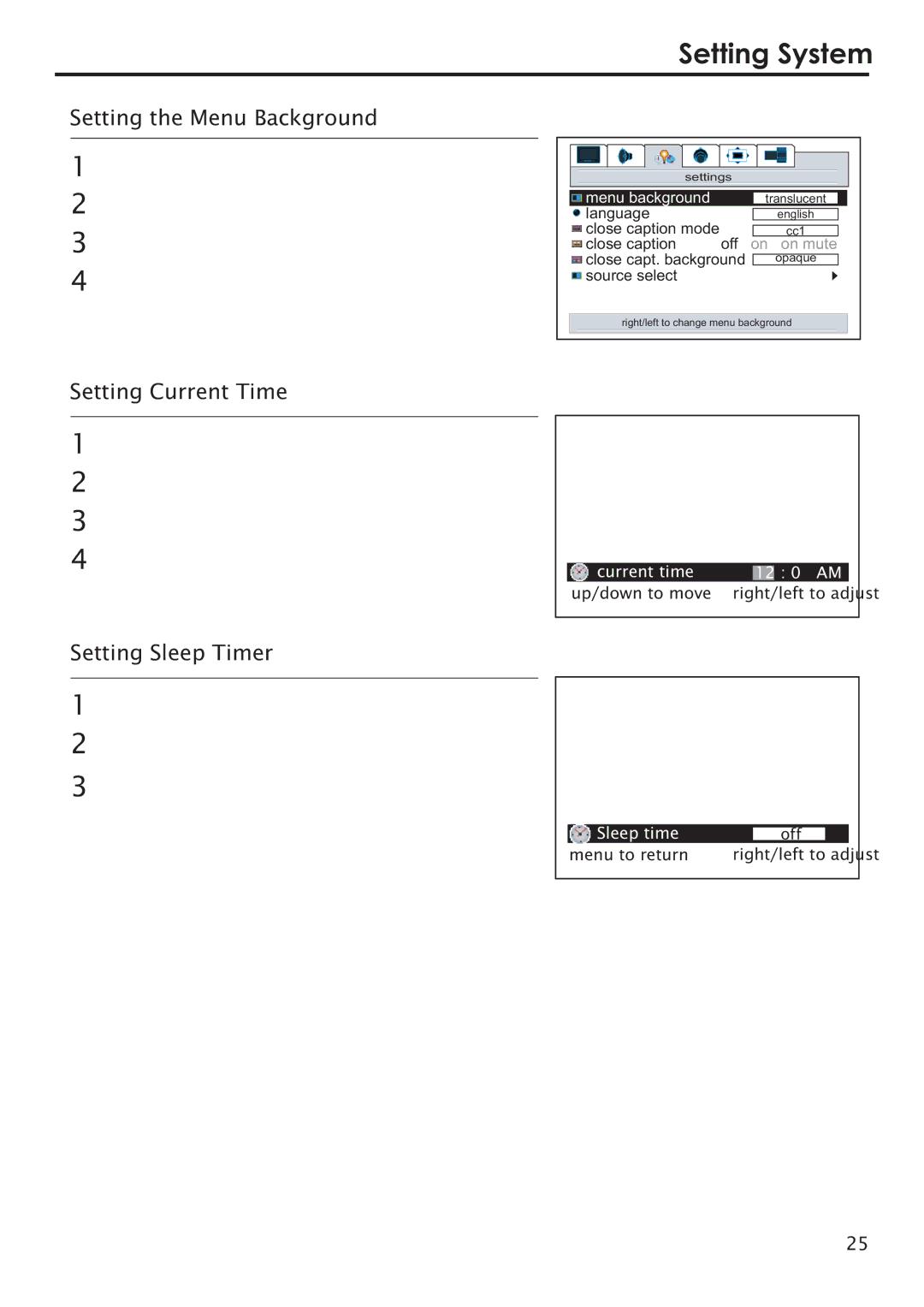 Primate Systems PDP TV manual Setting System, Up/down to move Right/left to adjust 