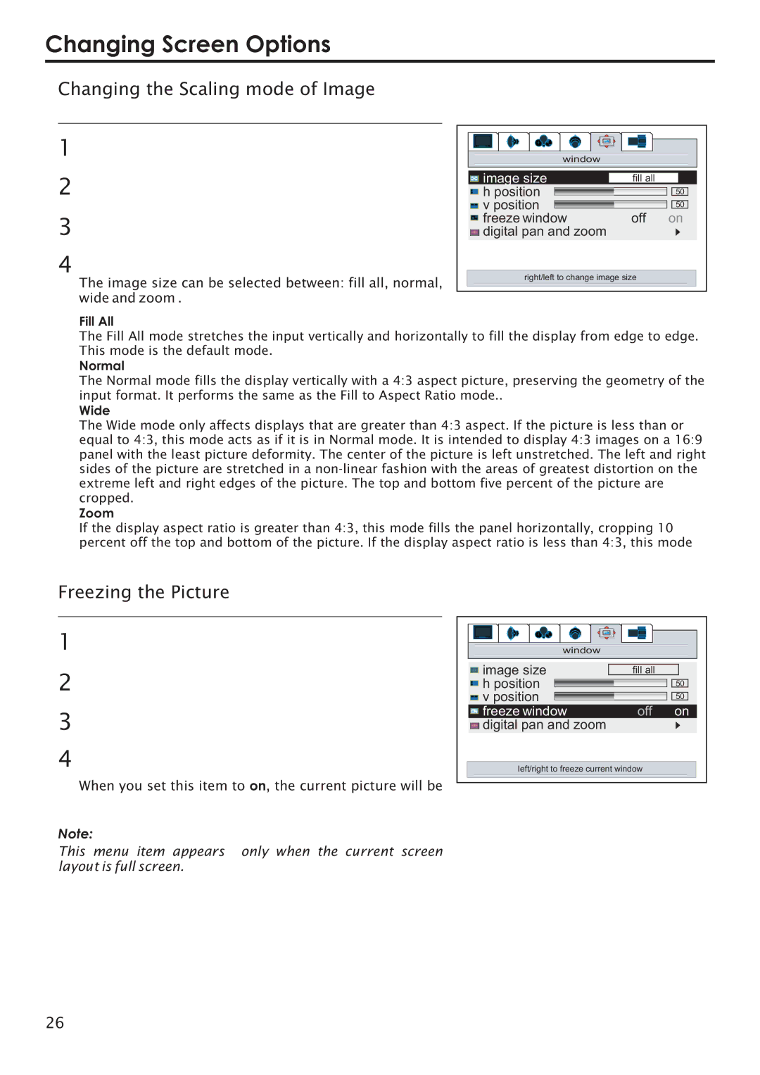 Primate Systems PDP TV manual Changing Screen Options, Changing the Scaling mode of Image, Freezing the Picture 