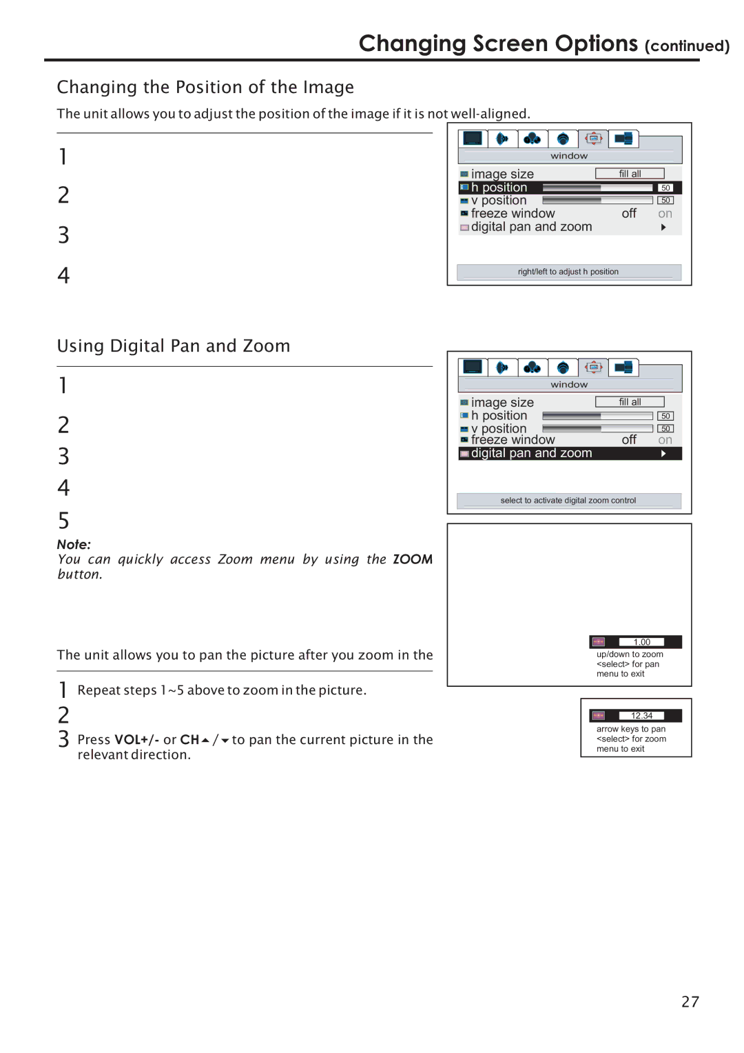 Primate Systems PDP TV manual Changing the Position of the Image, Using Digital Pan and Zoom 