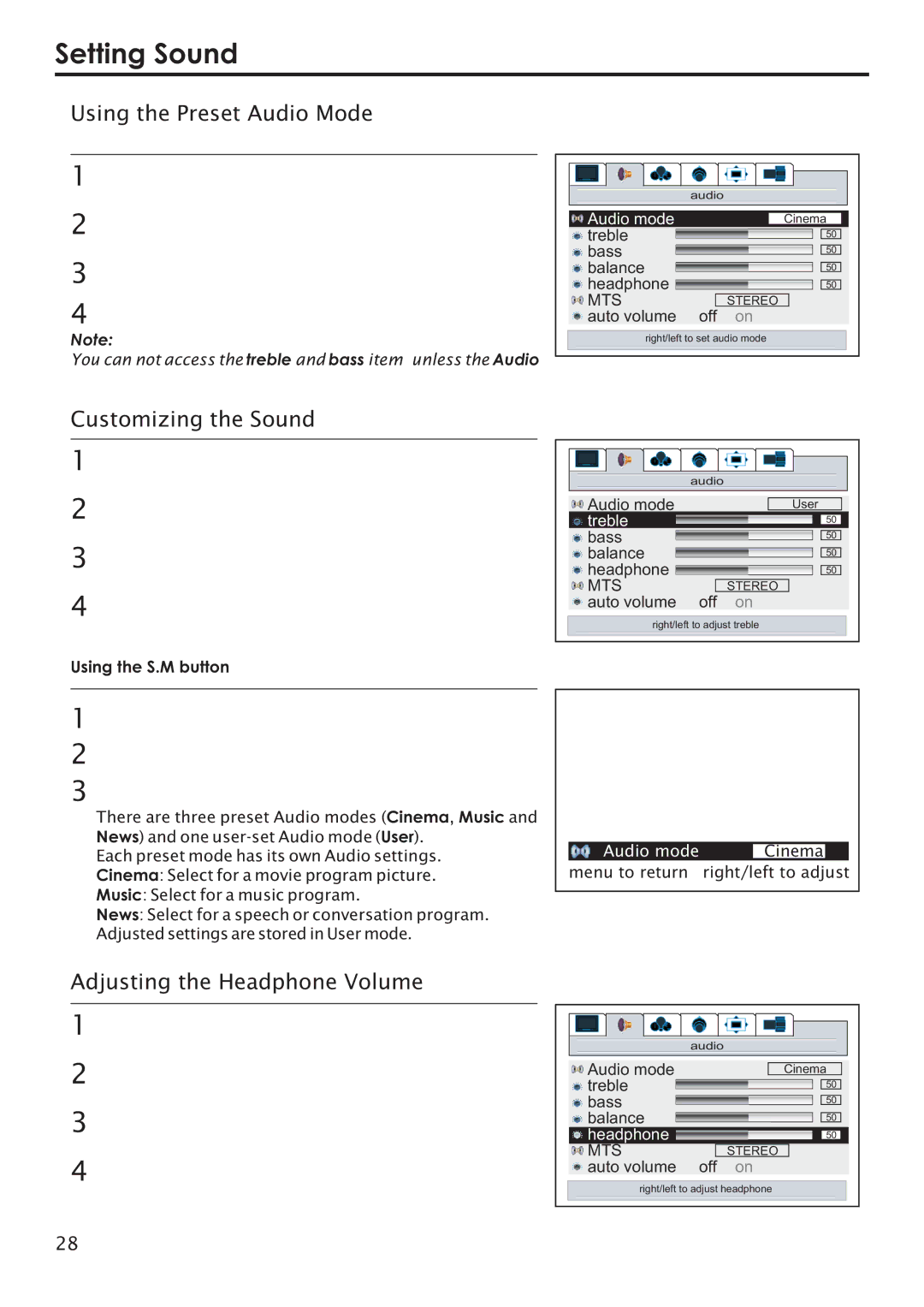 Primate Systems PDP TV Setting Sound, Using the Preset Audio Mode, Customizing the Sound, Adjusting the Headphone Volume 