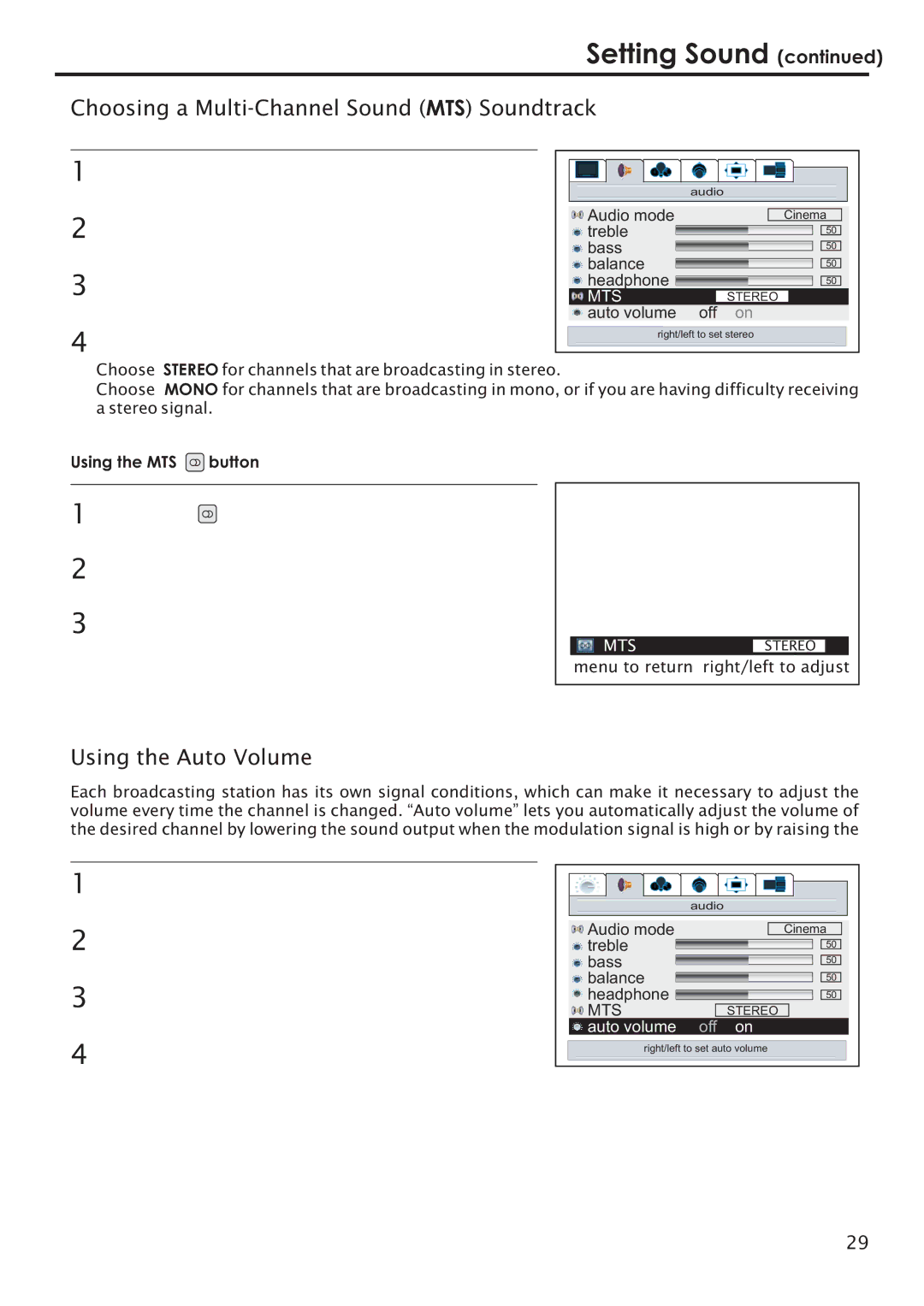 Primate Systems PDP TV manual Choosing a Multi-Channel Sound MTS Soundtrack, Using the Auto Volume, Using the MTS button 