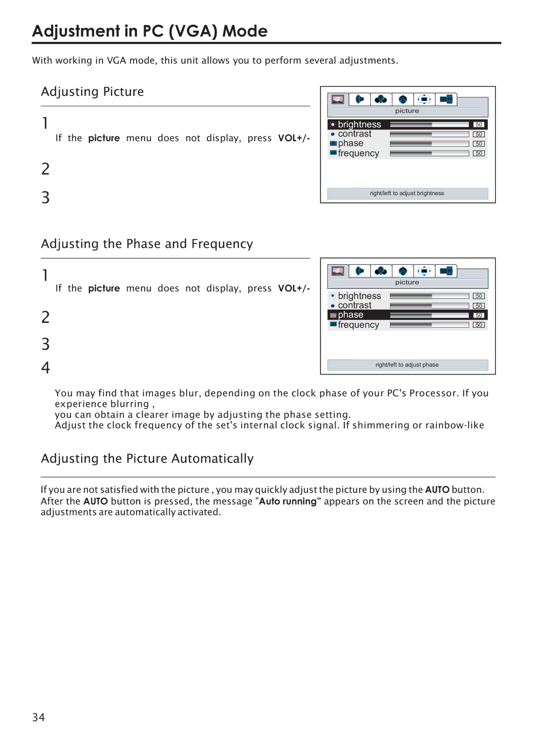 Primate Systems PDP TV manual Adjustment in PC VGA Mode, Adjusting Picture, Adjusting the Phase and Frequency 