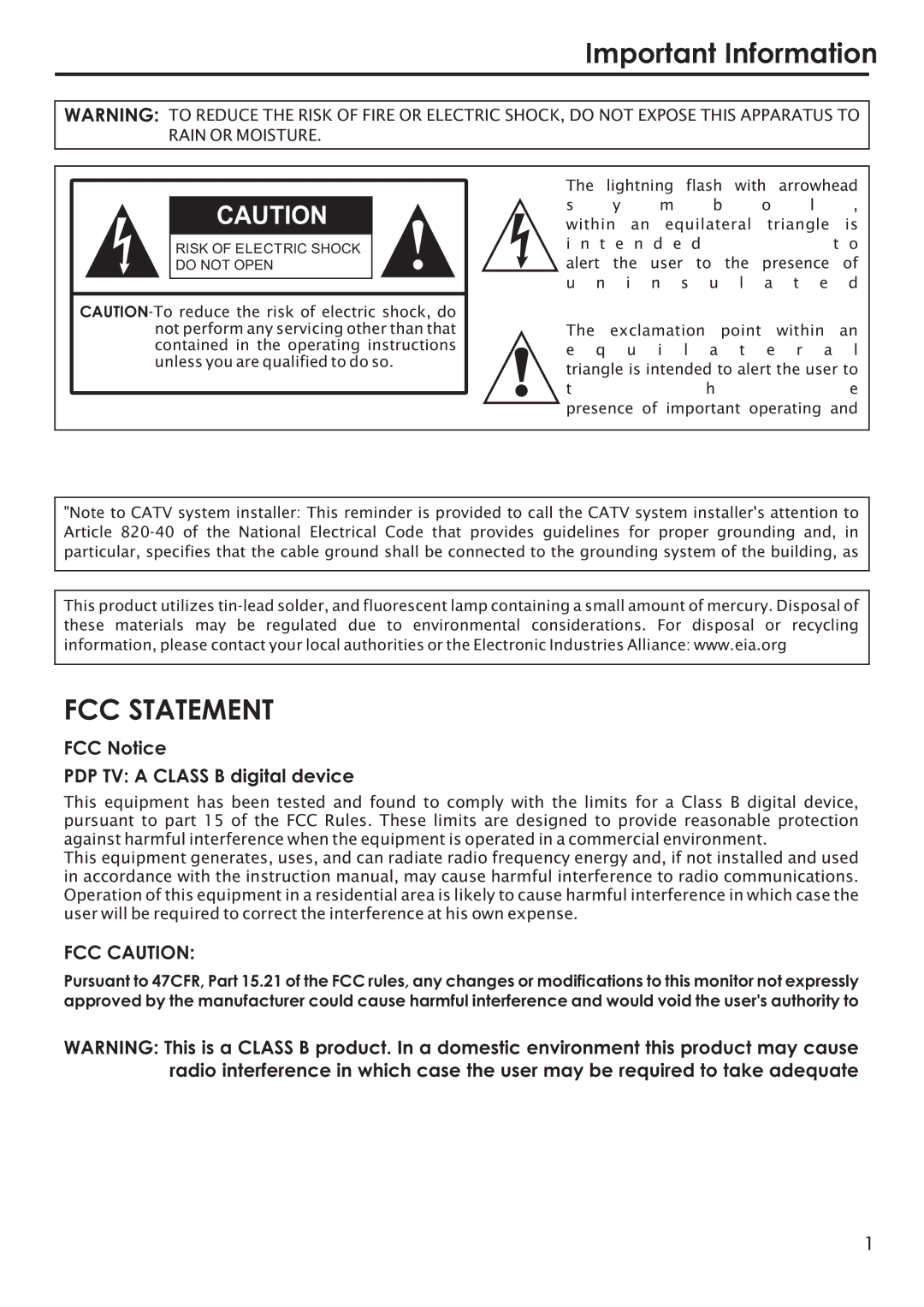 Primate Systems manual Important Information, FCC Notice PDP TV a Class B digital device 