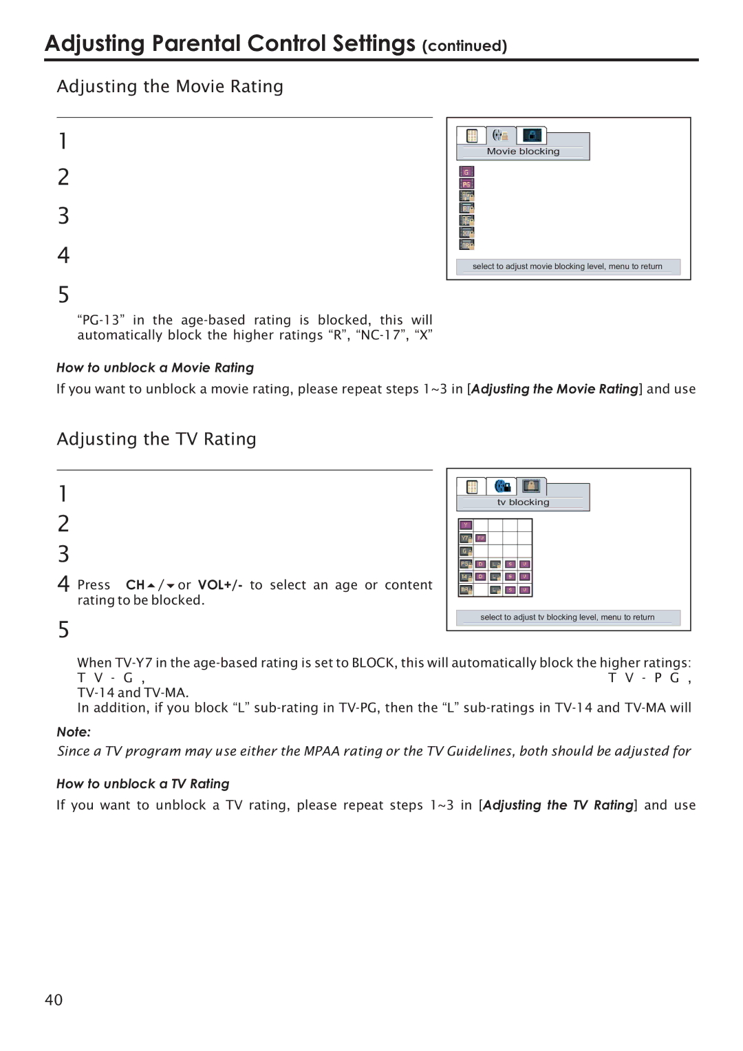 Primate Systems PDP TV manual Adjusting the Movie Rating, Adjusting the TV Rating 