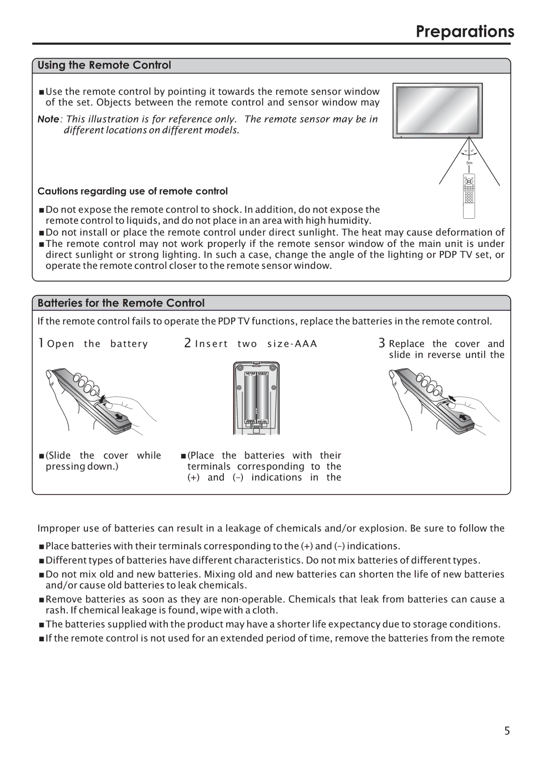 Primate Systems PDP TV manual Preparations, Using the Remote Control, Batteries for the Remote Control 