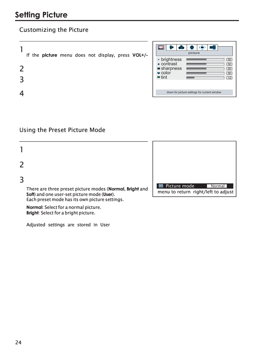 Primate Systems PDP TV manual Setting Picture, Customizing the Picture, Using the Preset Picture Mode, Picture mode 
