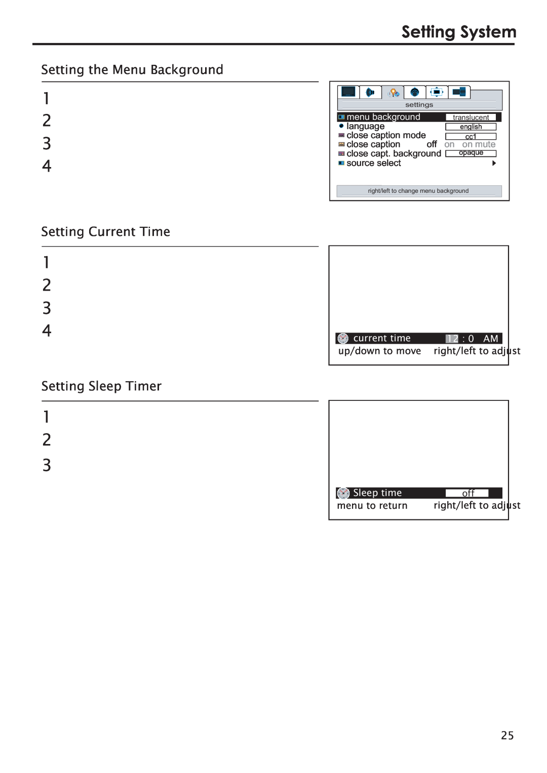 Primate Systems PDP TV manual Setting System, Setting the Menu Background, Setting Current Time, Setting Sleep Timer, 0 AM 