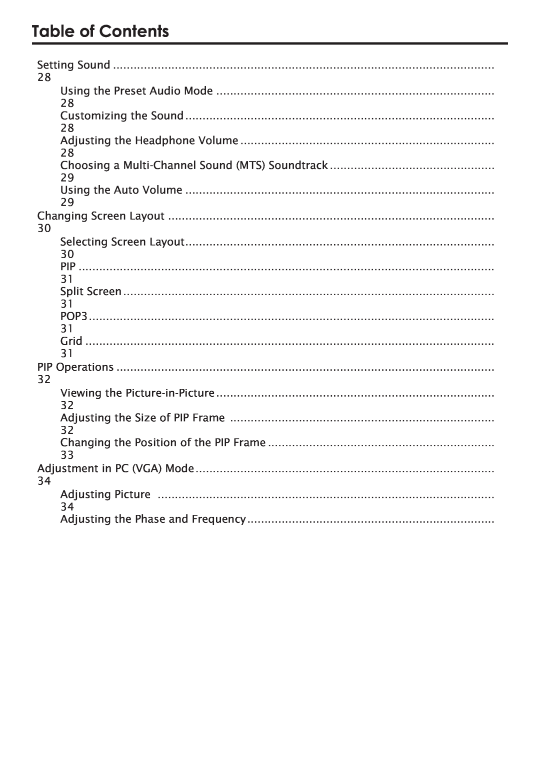 Primate Systems PDP TV manual Table of Contents, Setting Sound 