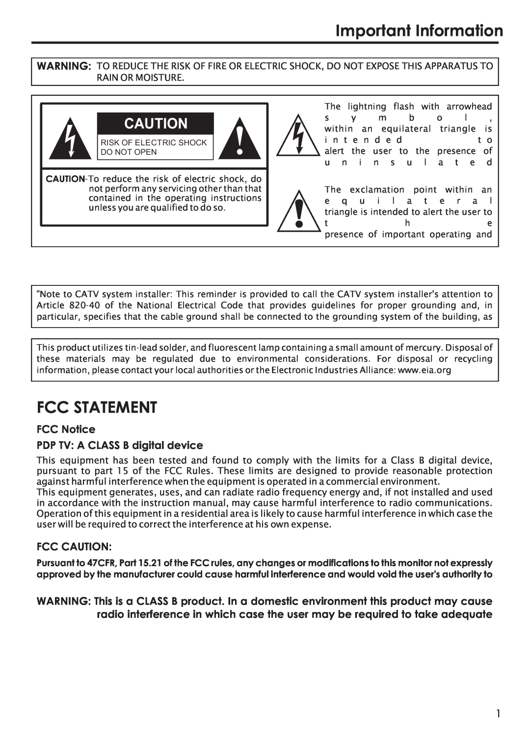 Primate Systems manual Important Information, Fcc Statement, FCC Notice PDP TV A CLASS B digital device, Fcc Caution 