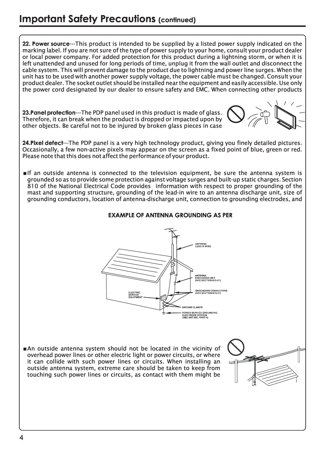 Primate Systems PDP TV manual Important Safety Precautions continued, Example Of Antenna Grounding As Per 