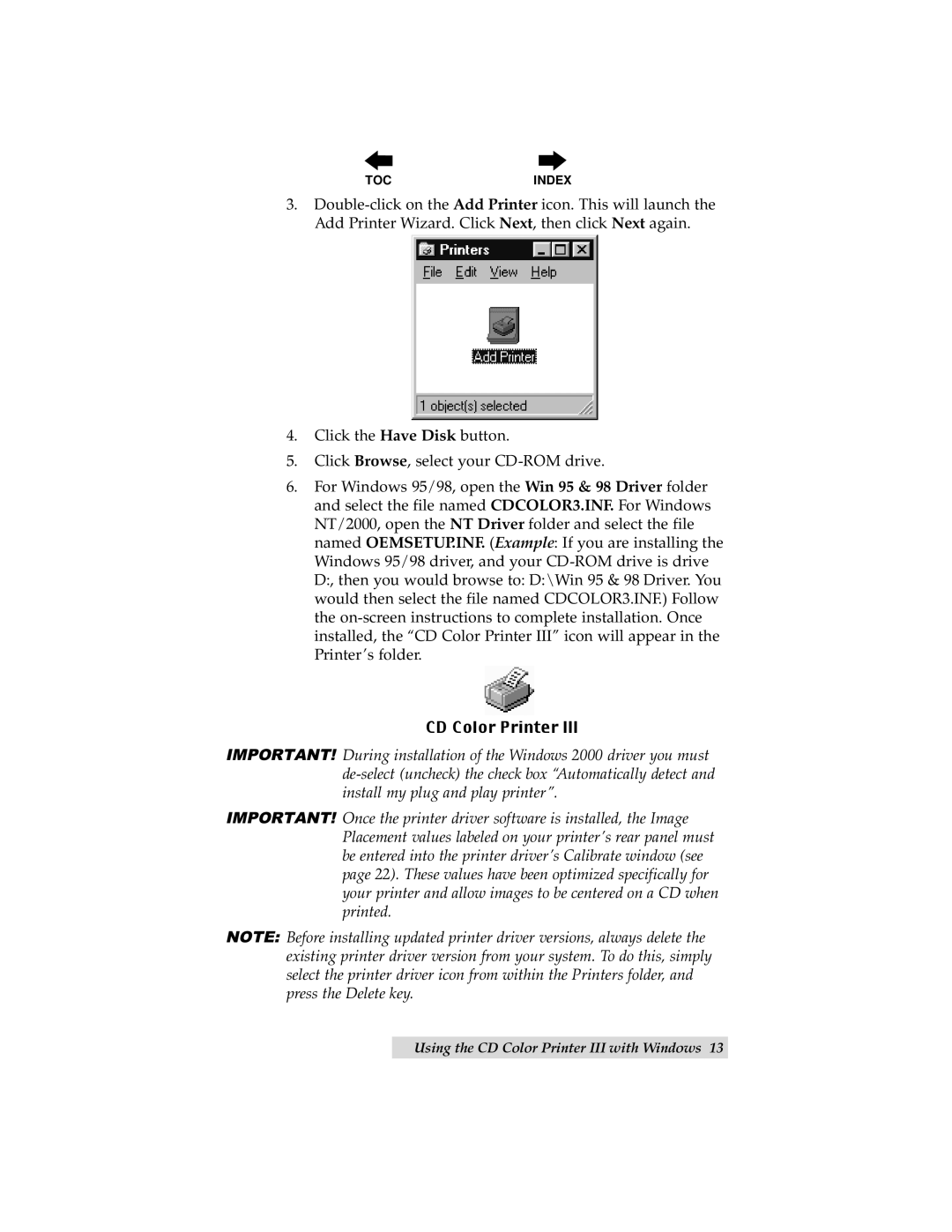 Primera Technology 000424-510171-(05) manual Using the CD Color Printer III with Windows 