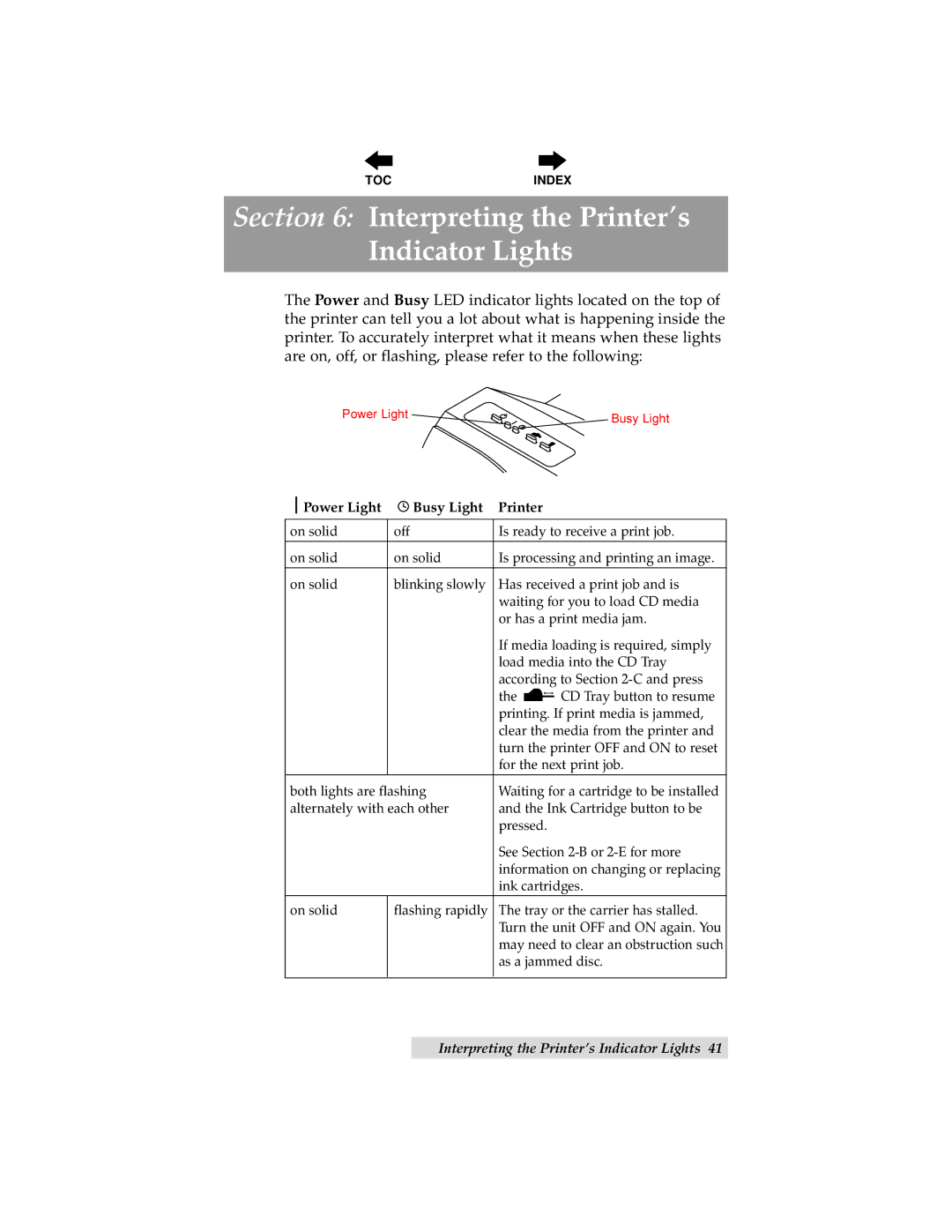 Primera Technology 000424-510171-(05) manual Interpreting the Printer’s Indicator Lights, Power Light Busy Light Printer 