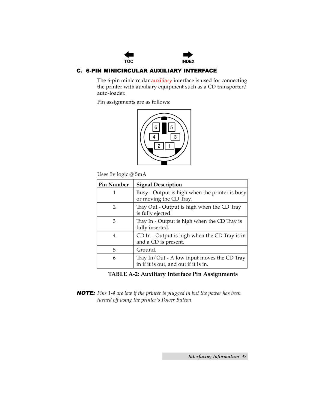 Primera Technology 000424-510171-(05) manual PIN Minicircular Auxiliary Interface, Pin Number Signal Description 