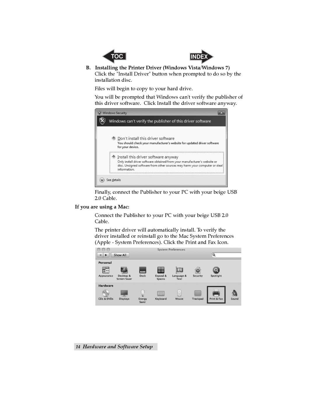 Primera Technology 032910-511262 user manual If you are using a Mac, Hardware and Software Setup, Index 