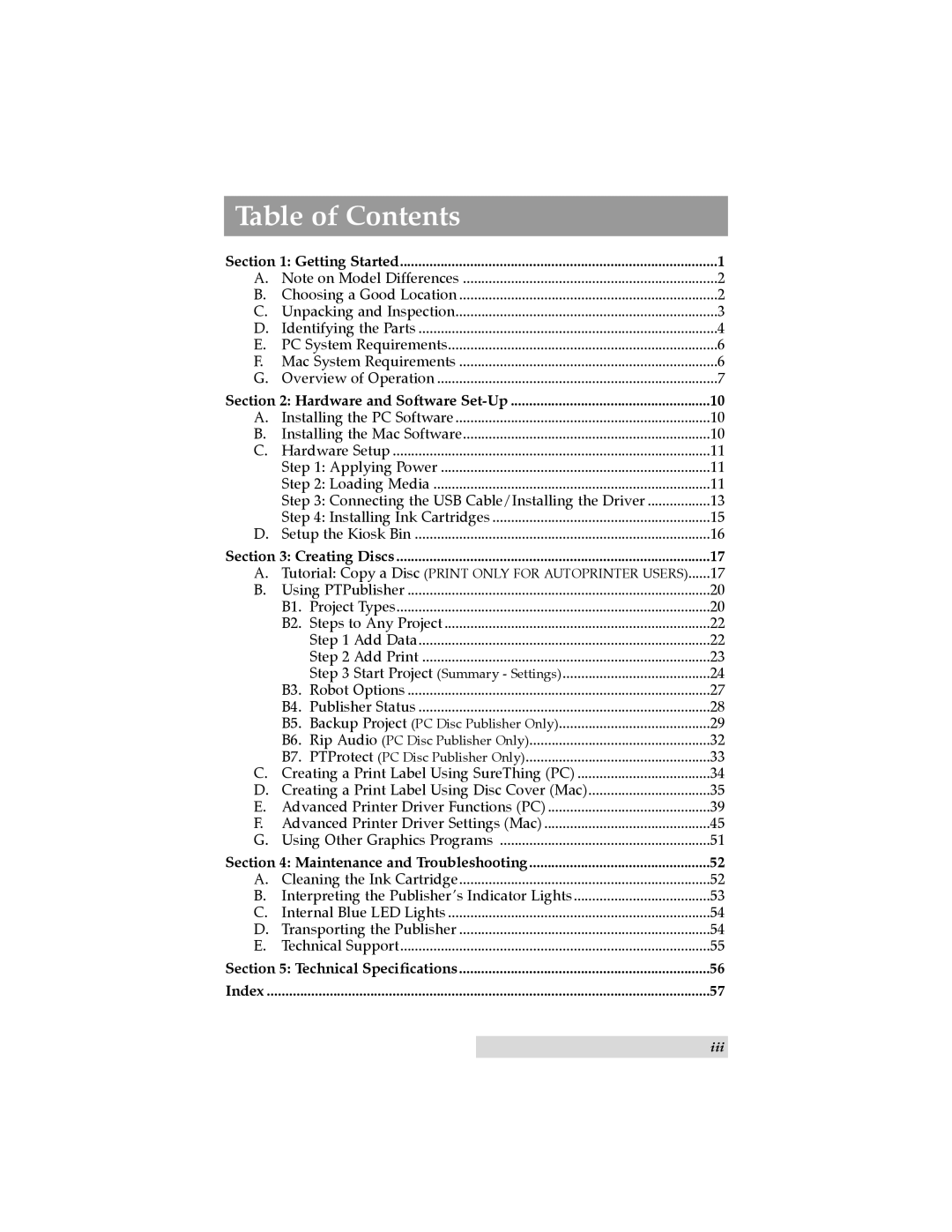 Primera Technology 032910-511262 user manual Table of Contents 