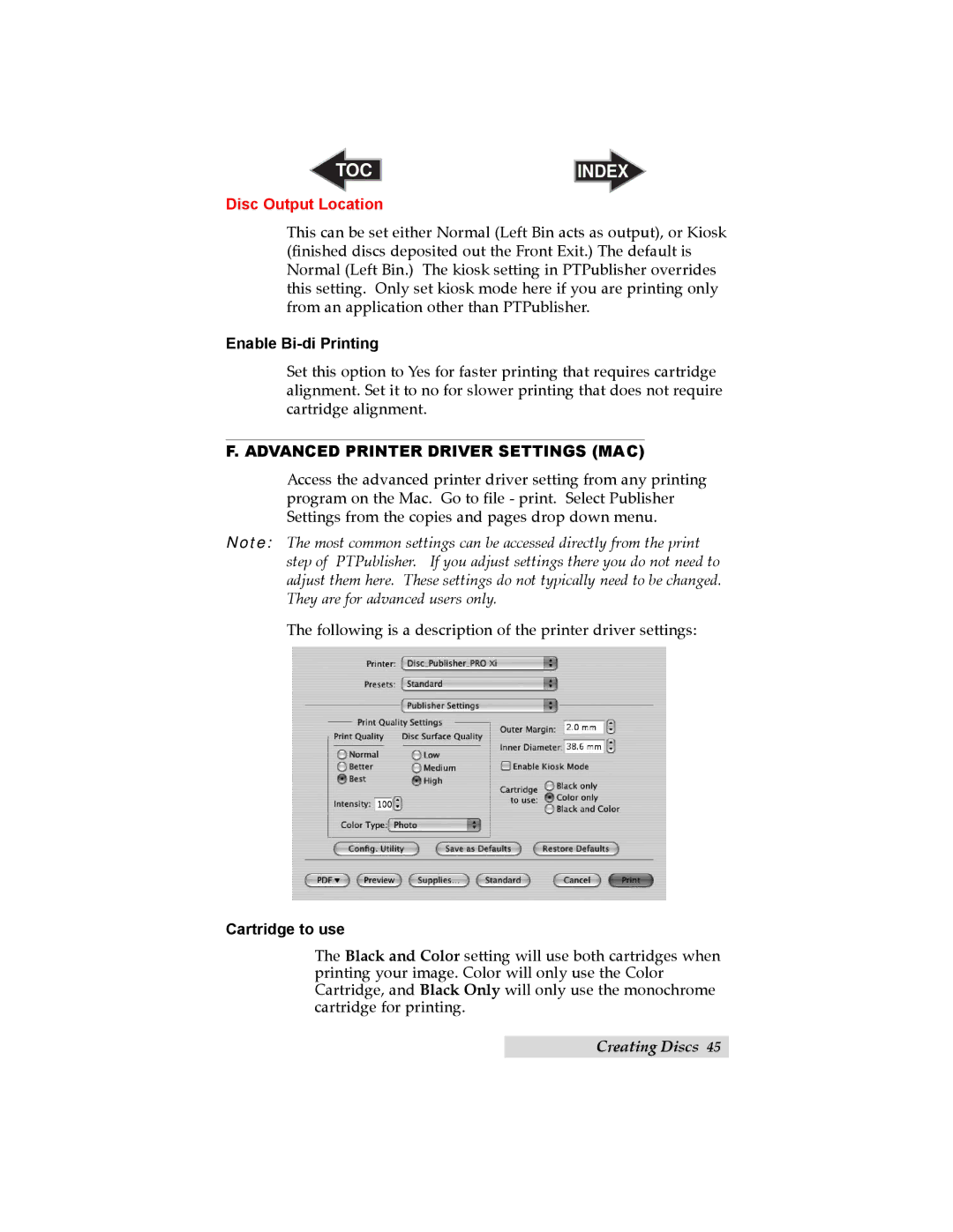 Primera Technology 032910-511262 Disc Output Location, Enable Bi-di Printing, Advanced Printer Driver Settings MAC 