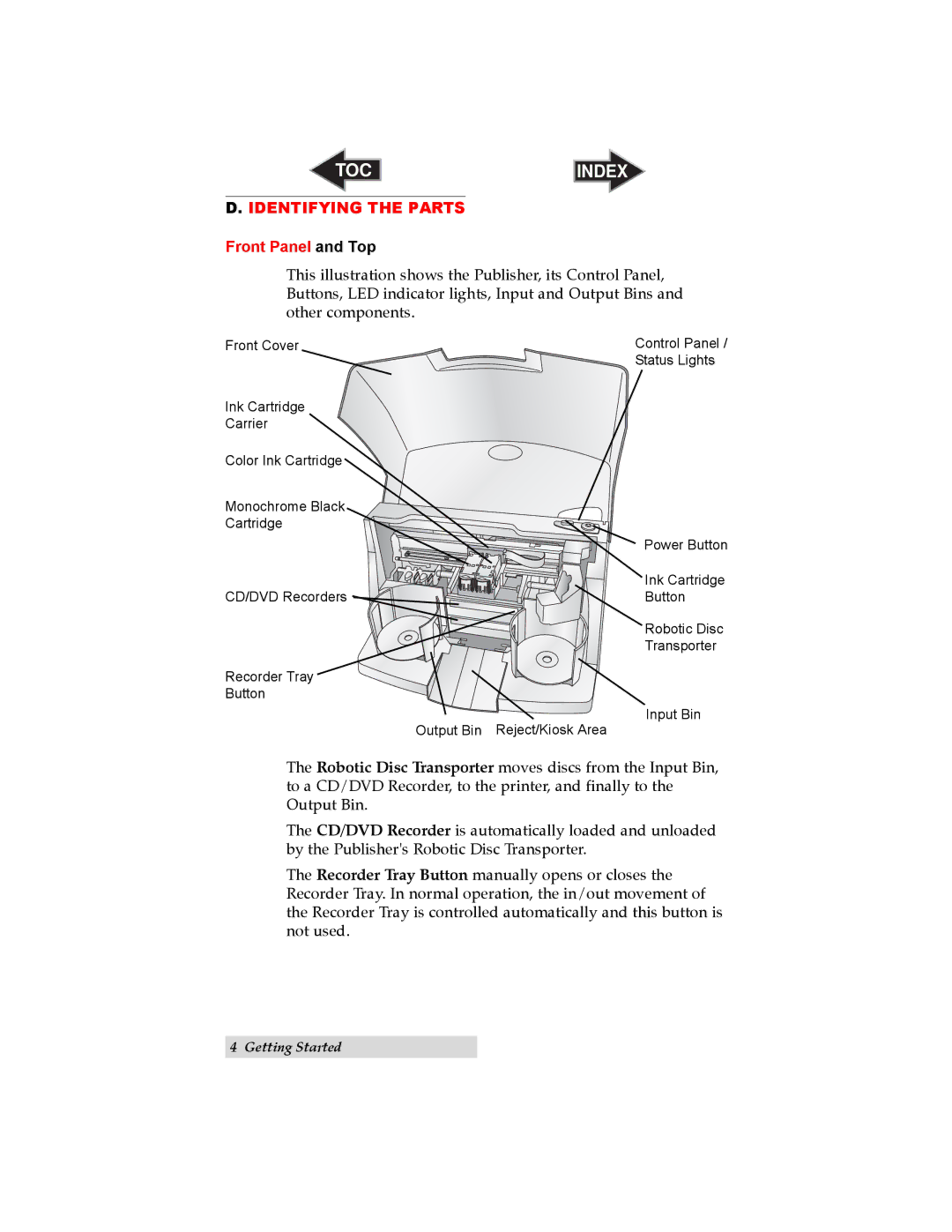 Primera Technology 032910-511262 user manual Identifying the Parts, Front Panel and Top 