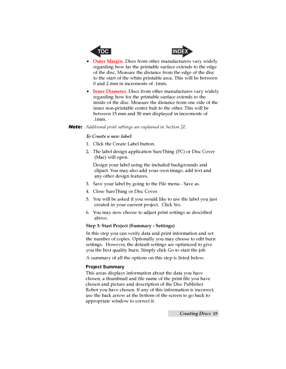 Primera Technology 091211-511276 user manual Start Project Summary Settings 