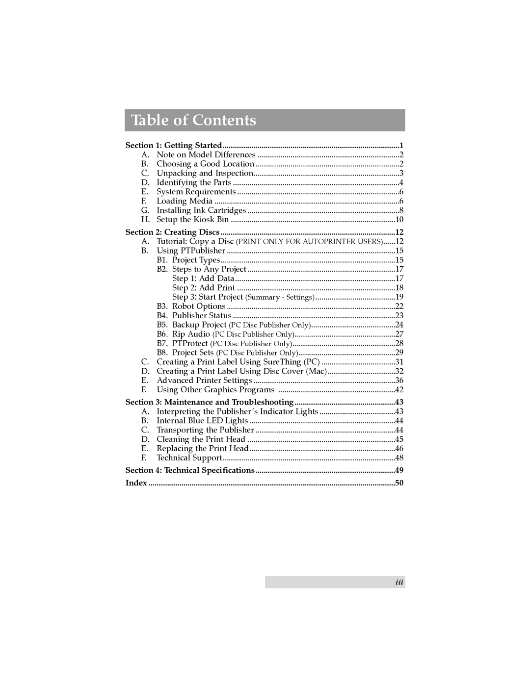 Primera Technology 091211-511276 user manual Table of Contents 