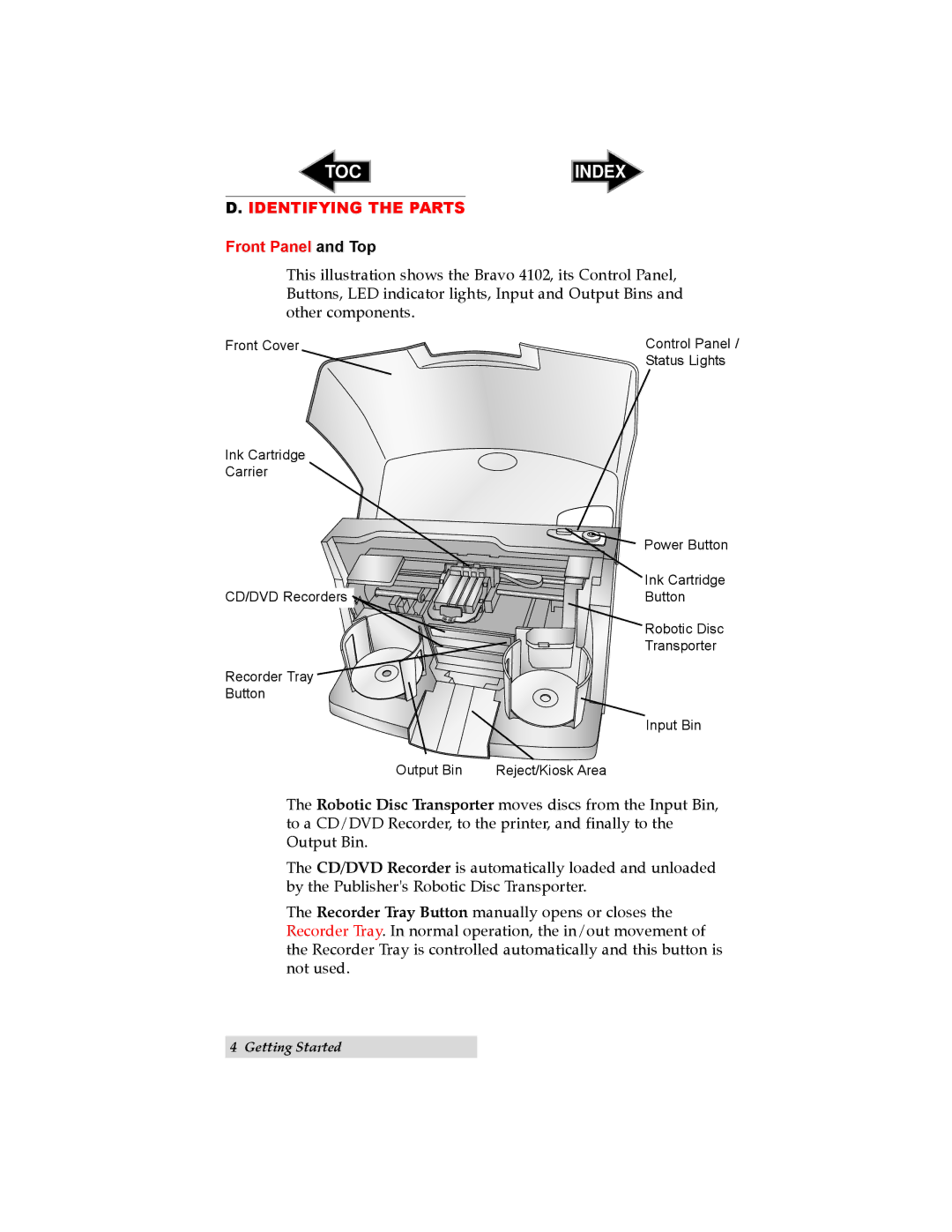 Primera Technology 091211-511276 user manual Identifying the Parts, Front Panel and Top 