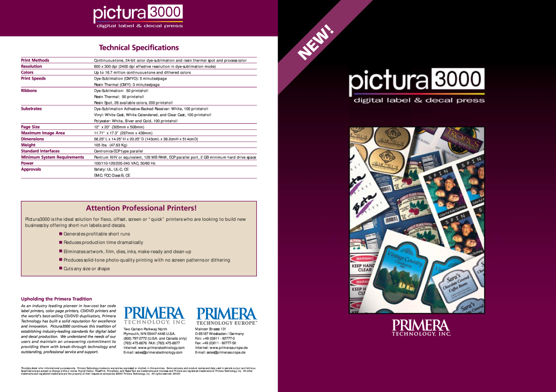 Primera Technology 3000 technical specifications Technical Specifications, Attention Professional Printers 