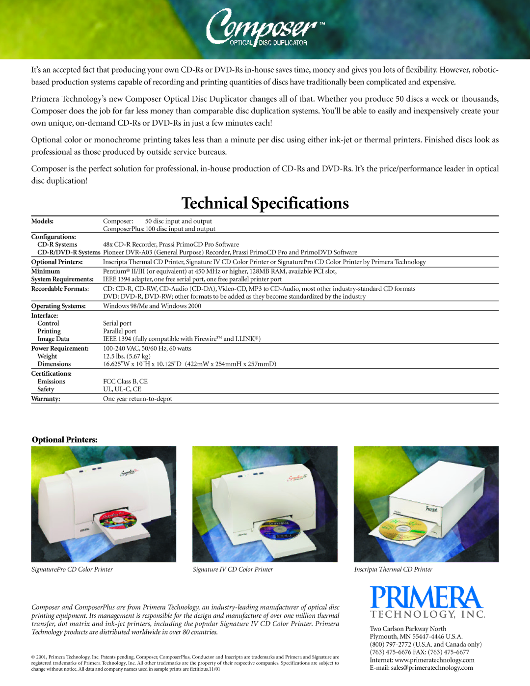 Primera Technology 100 Disc, 50 Disc technical specifications Technical Specifications 