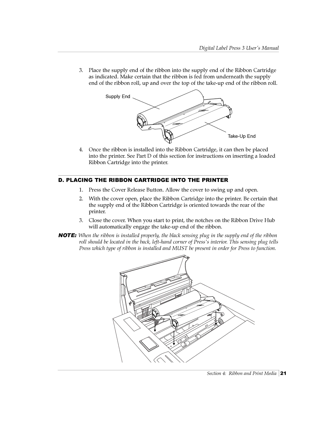 Primera Technology 510212 manual Placing the Ribbon Cartridge Into the Printer 