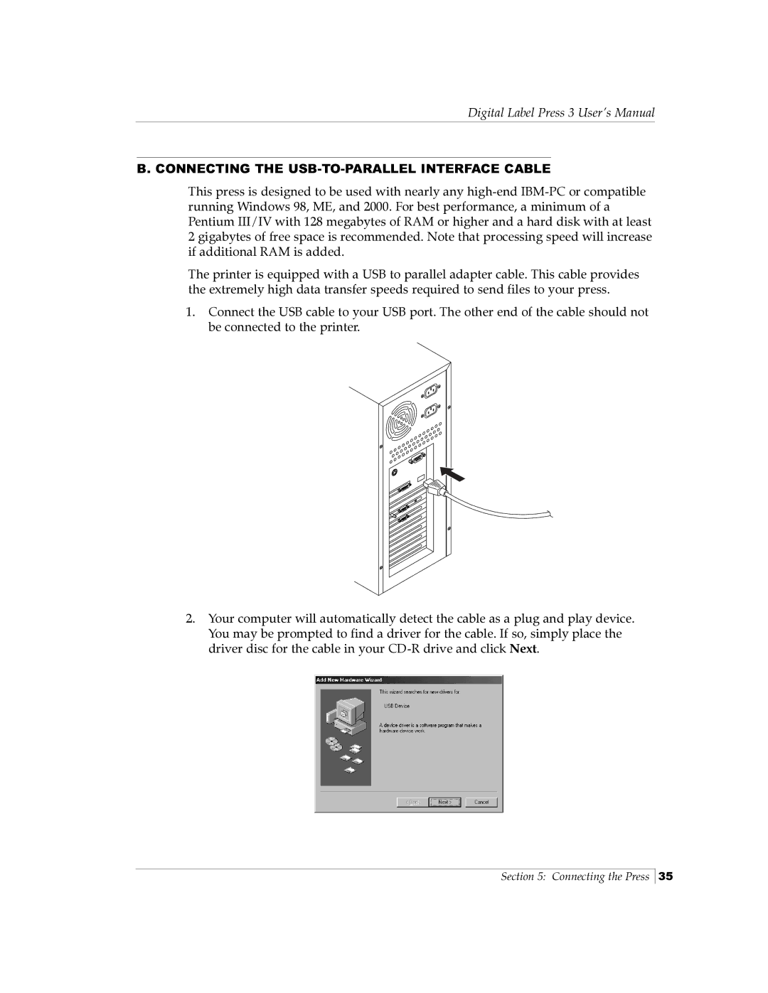 Primera Technology 510212 manual Connecting the USB-TO-PARALLEL Interface Cable 