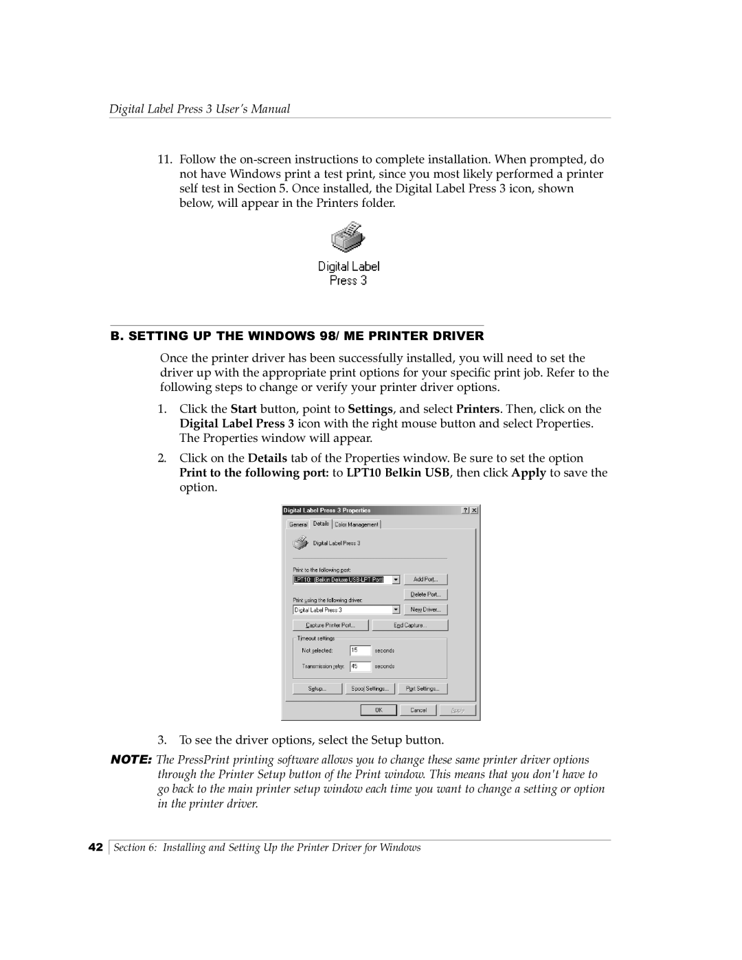 Primera Technology 510212 manual Setting UP the Windows 98/ ME Printer Driver 