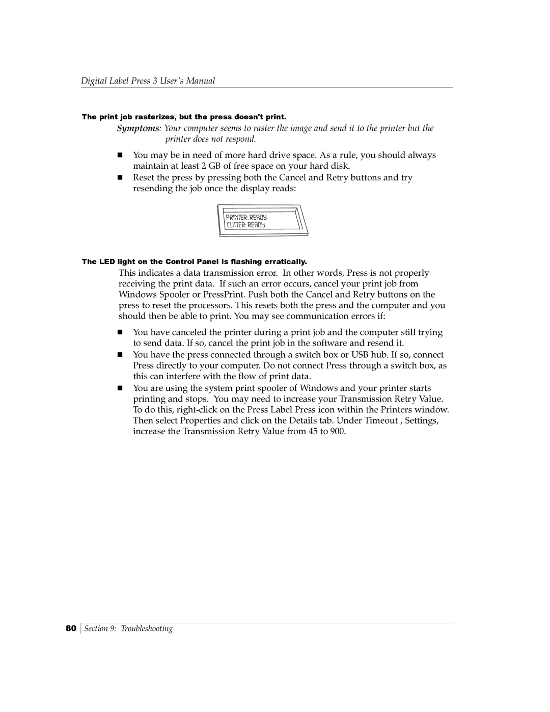 Primera Technology 510212 manual Print job rasterizes, but the press doesnt print 