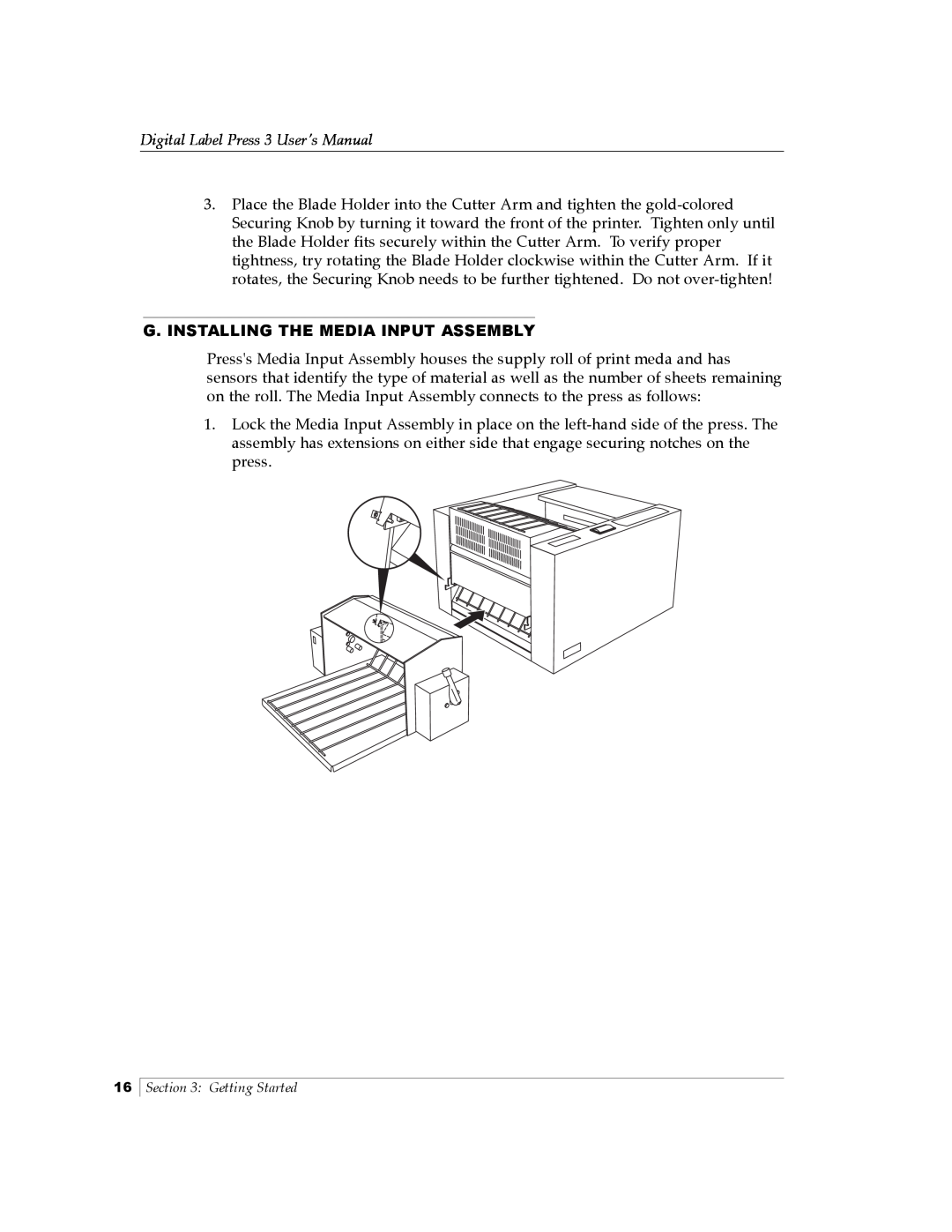 Primera Technology 510212 manual G. Installing The Media Input Assembly, Digital Label Press 3 User’s Manual 