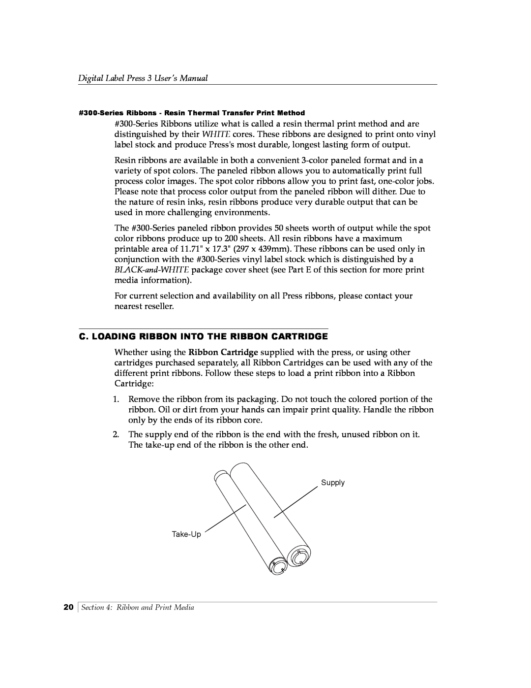 Primera Technology 510212 C. Loading Ribbon Into The Ribbon Cartridge, Digital Label Press 3 User’s Manual, Supply Take-Up 