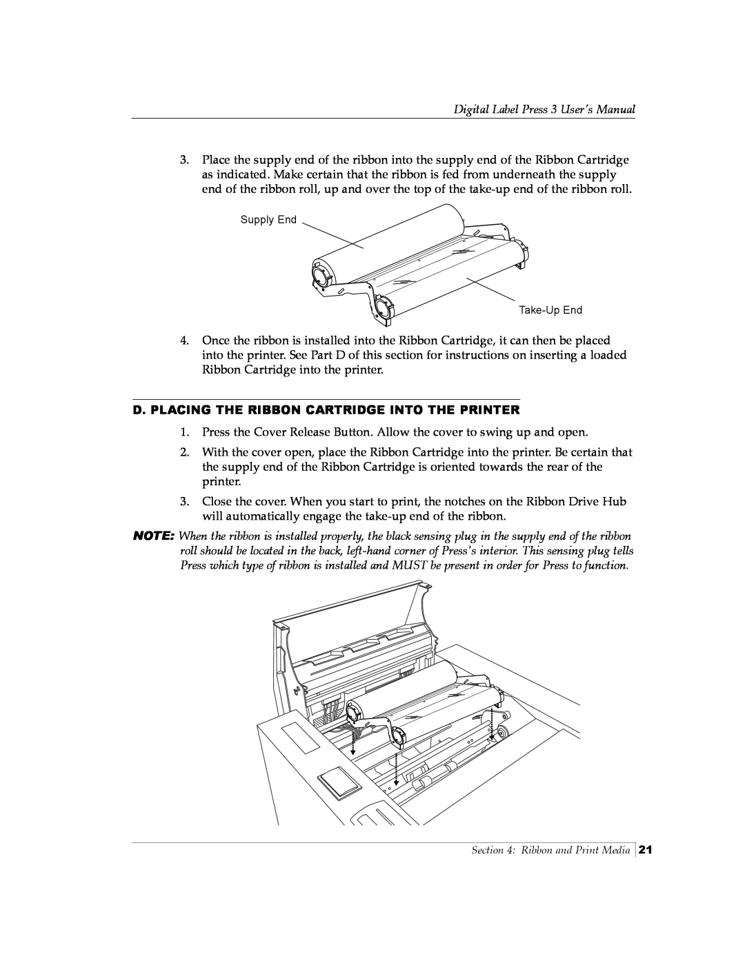 Primera Technology 510212 manual D. Placing The Ribbon Cartridge Into The Printer, Digital Label Press 3 User’s Manual 