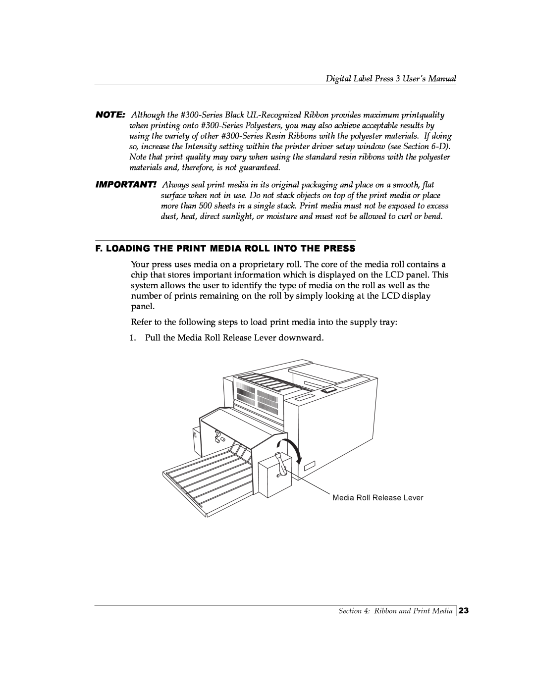 Primera Technology 510212 manual F. Loading The Print Media Roll Into The Press, Digital Label Press 3 User’s Manual 