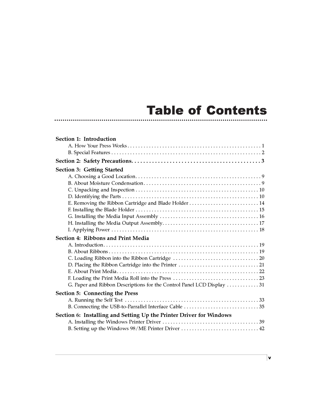 Primera Technology 510212 Table of Contents, Introduction, Safety Precautions Getting Started, Ribbons and Print Media 