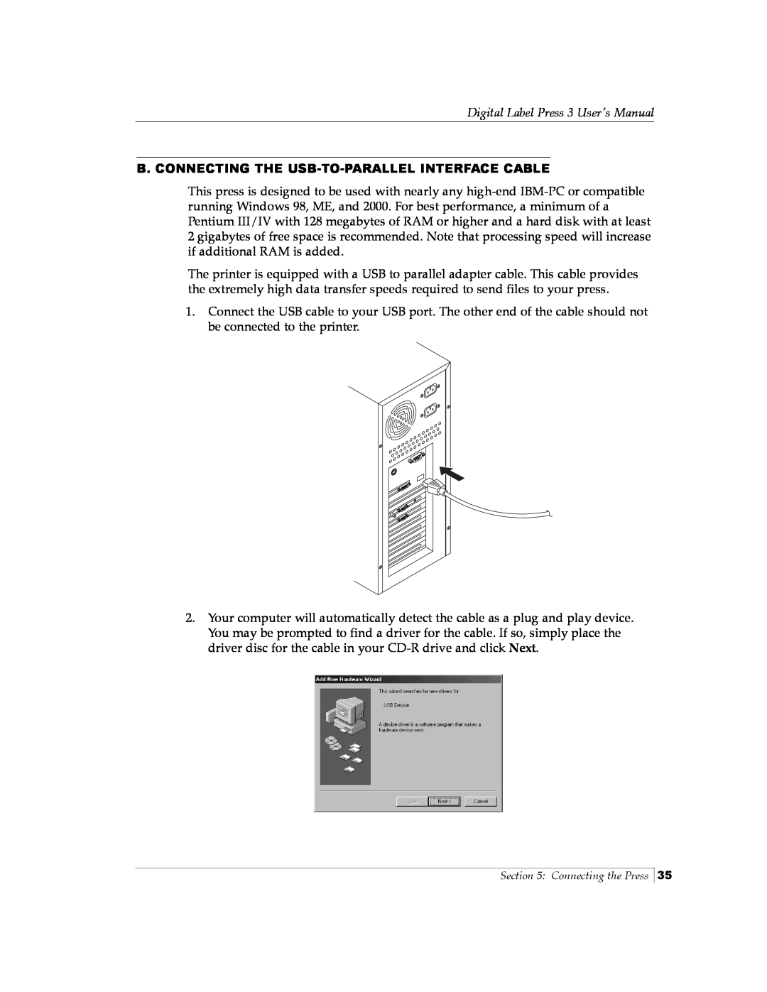 Primera Technology 510212 manual B. Connecting The Usb-To-Parallel Interface Cable, Digital Label Press 3 User’s Manual 