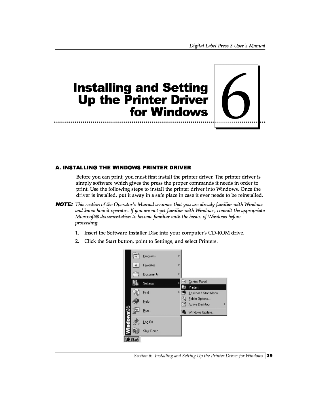 Primera Technology 510212 Installing and Setting Up the Printer Driver for Windows, Digital Label Press 3 User’s Manual 