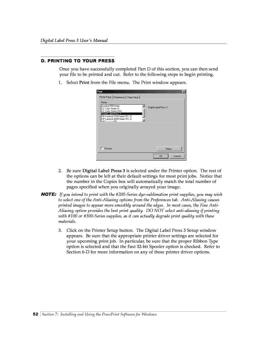 Primera Technology 510212 manual D. Printing To Your Press, Digital Label Press 3 User’s Manual 