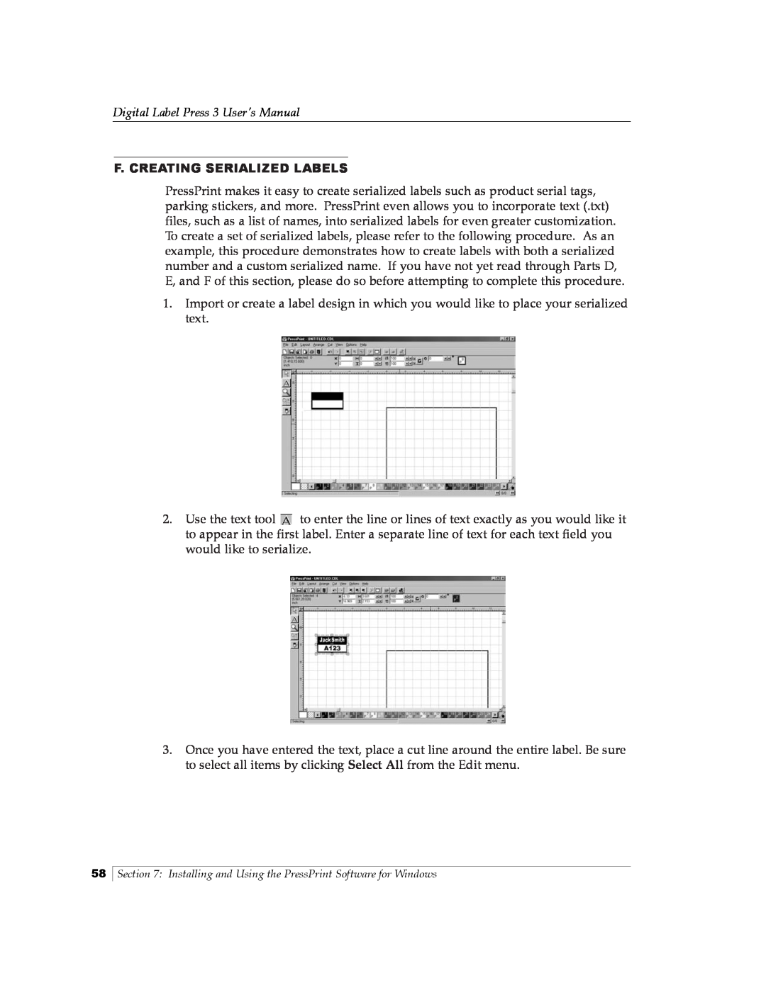 Primera Technology 510212 manual F. Creating Serialized Labels, Digital Label Press 3 User’s Manual 