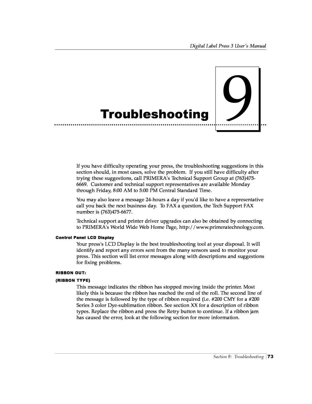 Primera Technology 510212 manual Troubleshooting, Digital Label Press 3 User’s Manual 
