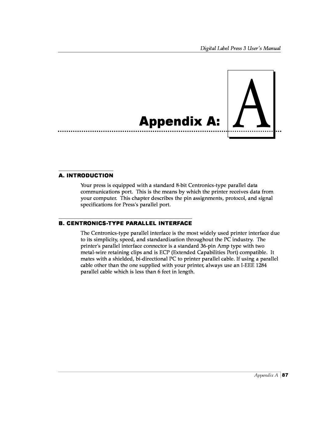 Primera Technology 510212 manual Appendix A, B. Centronics-Type Parallel Interface, Digital Label Press 3 User’s Manual 