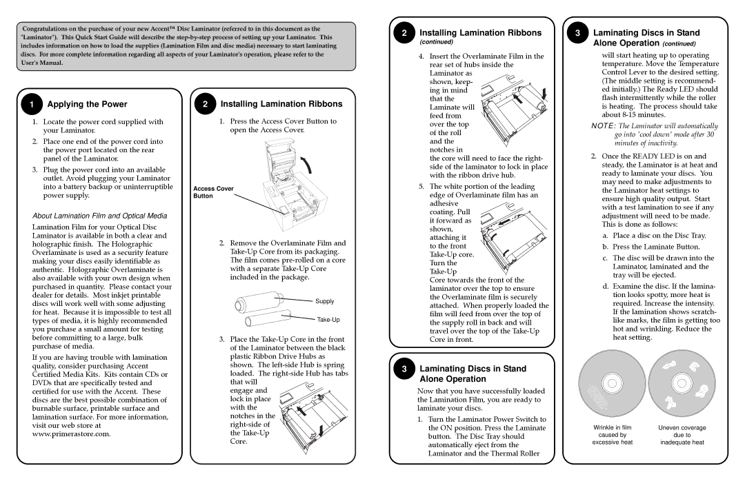 Primera Technology 510893-021505 Applying the Power Installing Lamination Ribbons, About Lamination Film and Optical Media 