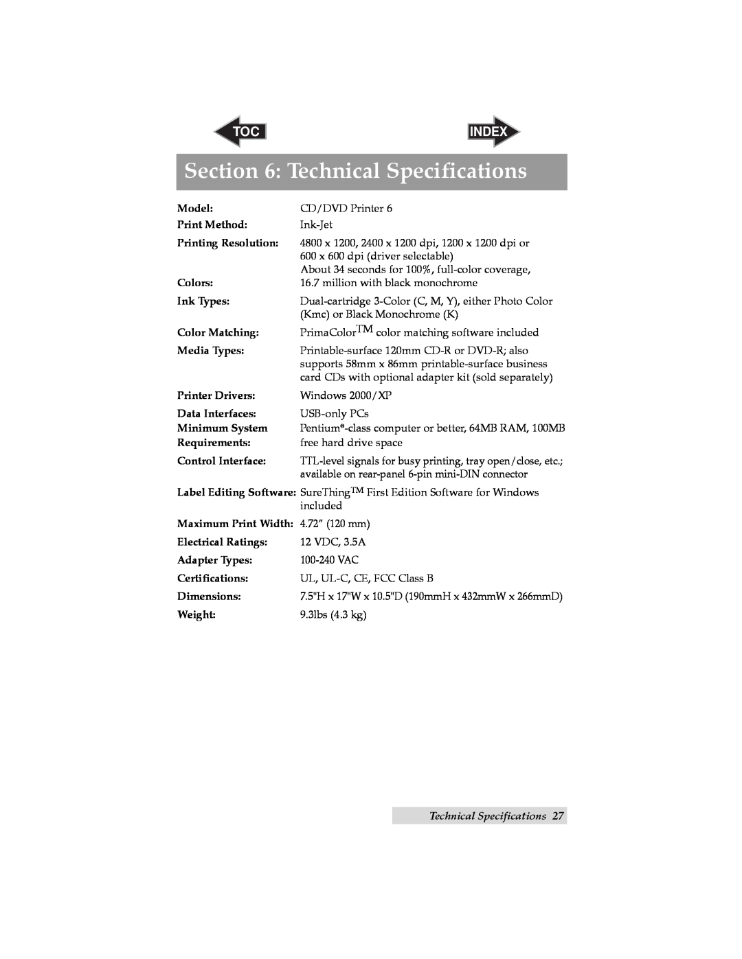 Primera Technology 6 user manual Technical Specifications, Index 