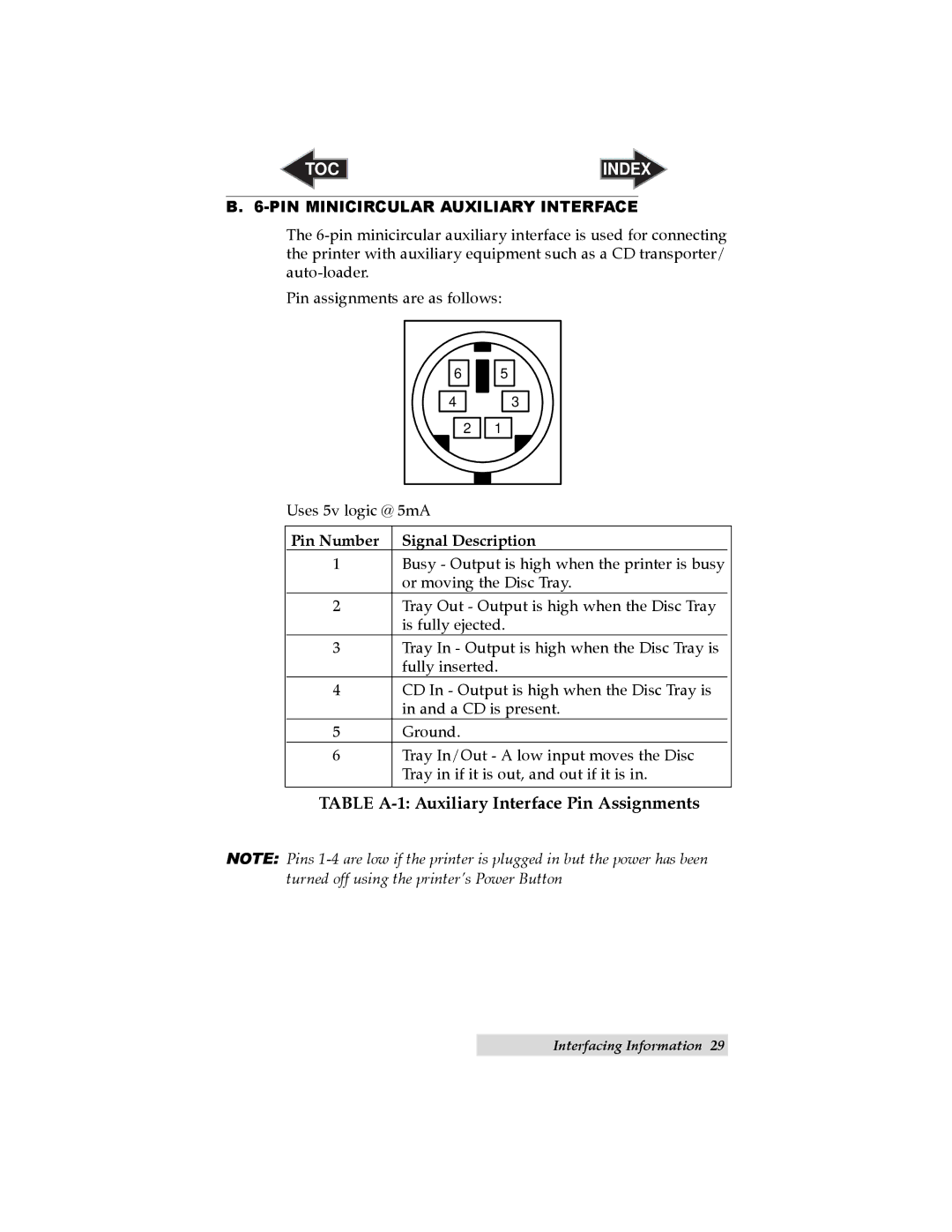 Primera Technology 6 user manual PIN Minicircular Auxiliary Interface, Pin Number Signal Description 