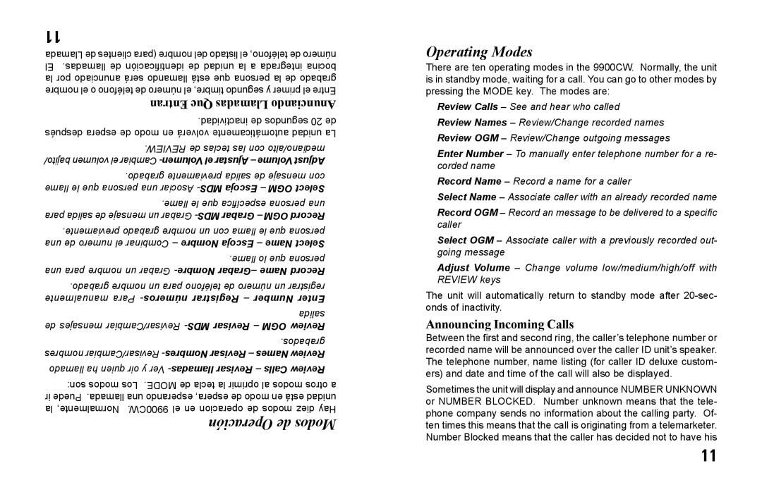 Primera Technology 9900CW manual Operación de Modos Operating Modes, Announcing Incoming Calls 