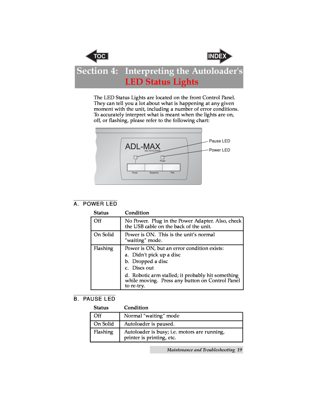 Primera Technology ADL-MAX user manual A. Power Led, B. Pause Led, Interpreting the Autoloaders, LED Status Lights, Index 