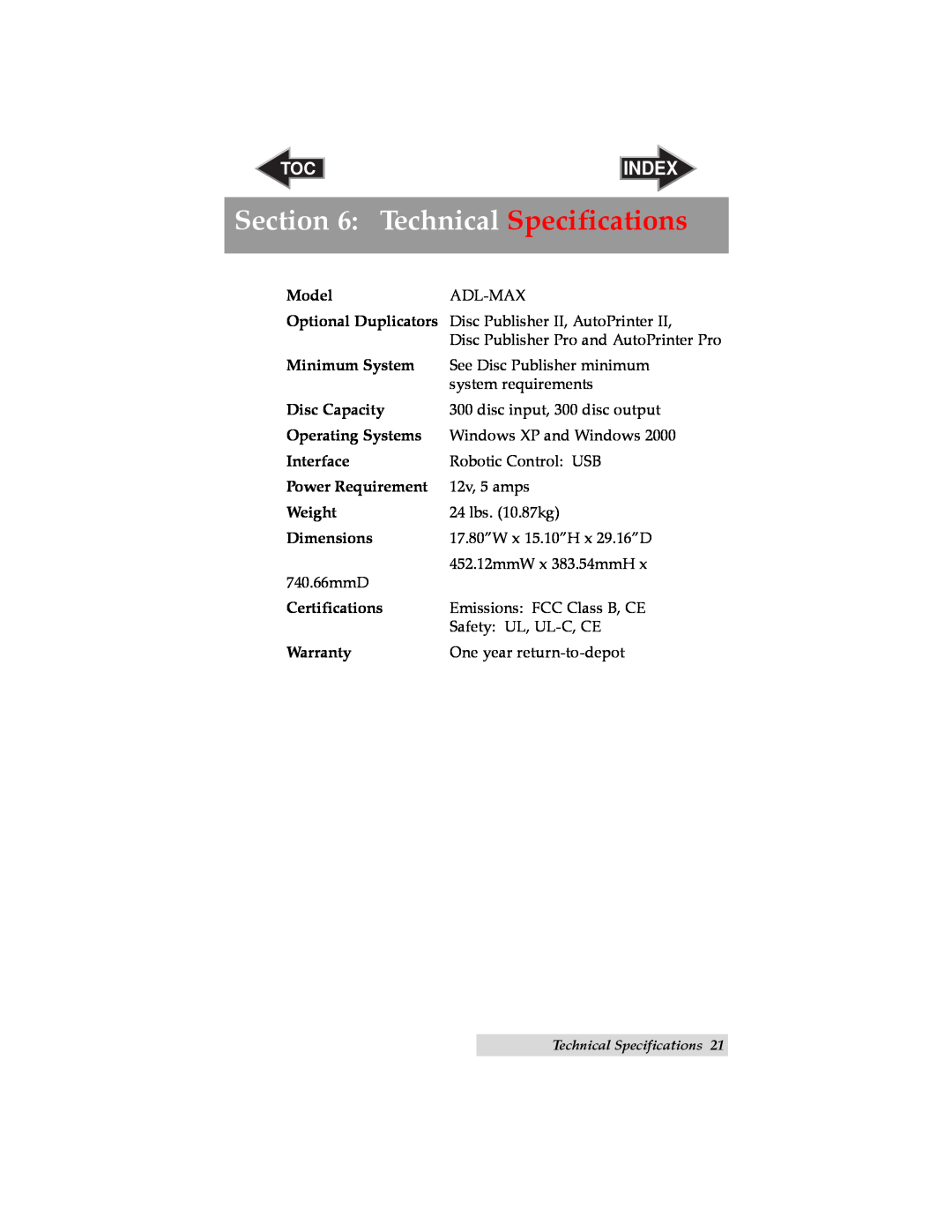 Primera Technology ADL-MAX user manual Technical Specifications, Index 