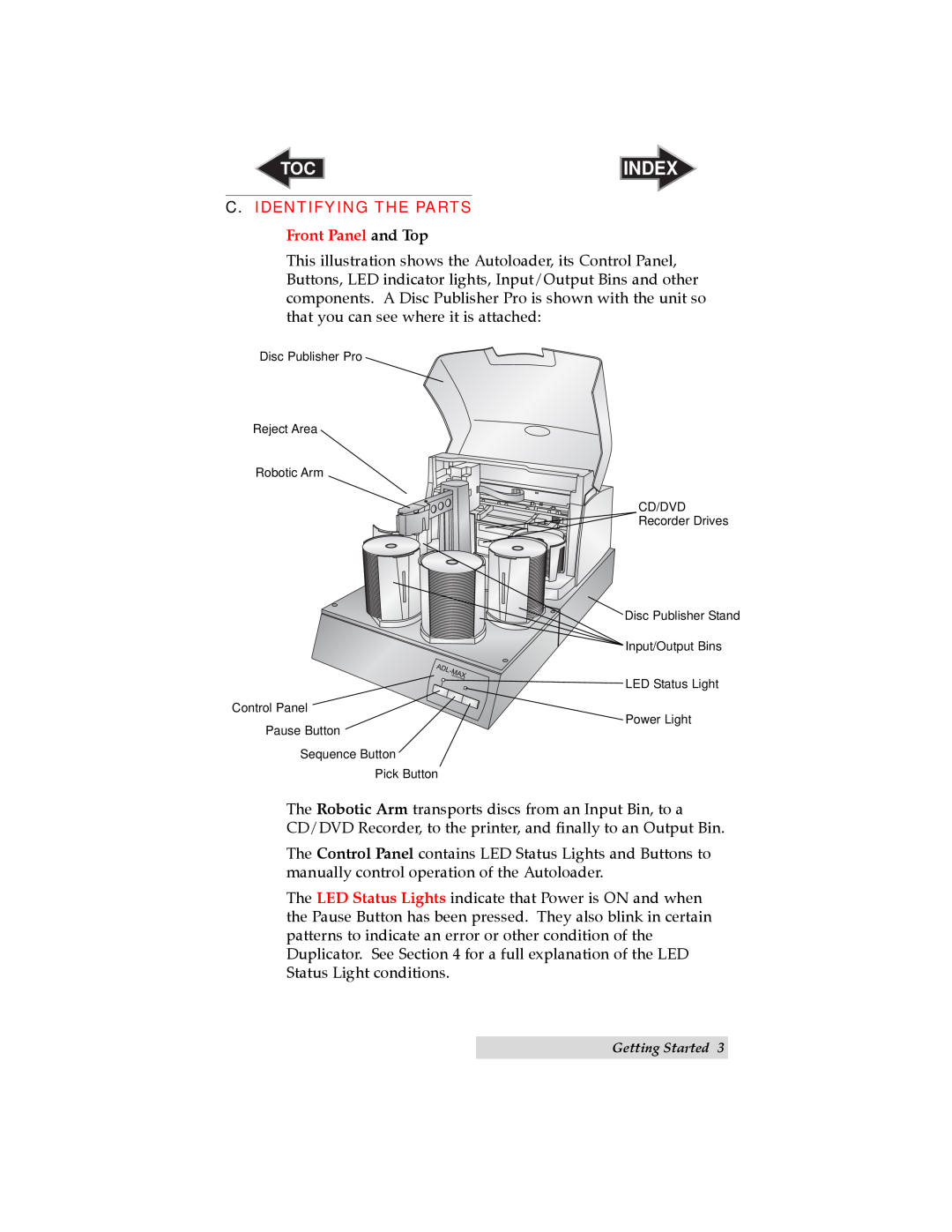 Primera Technology ADL-MAX user manual C.Identifying The Parts, Front Panel and Top, Index 